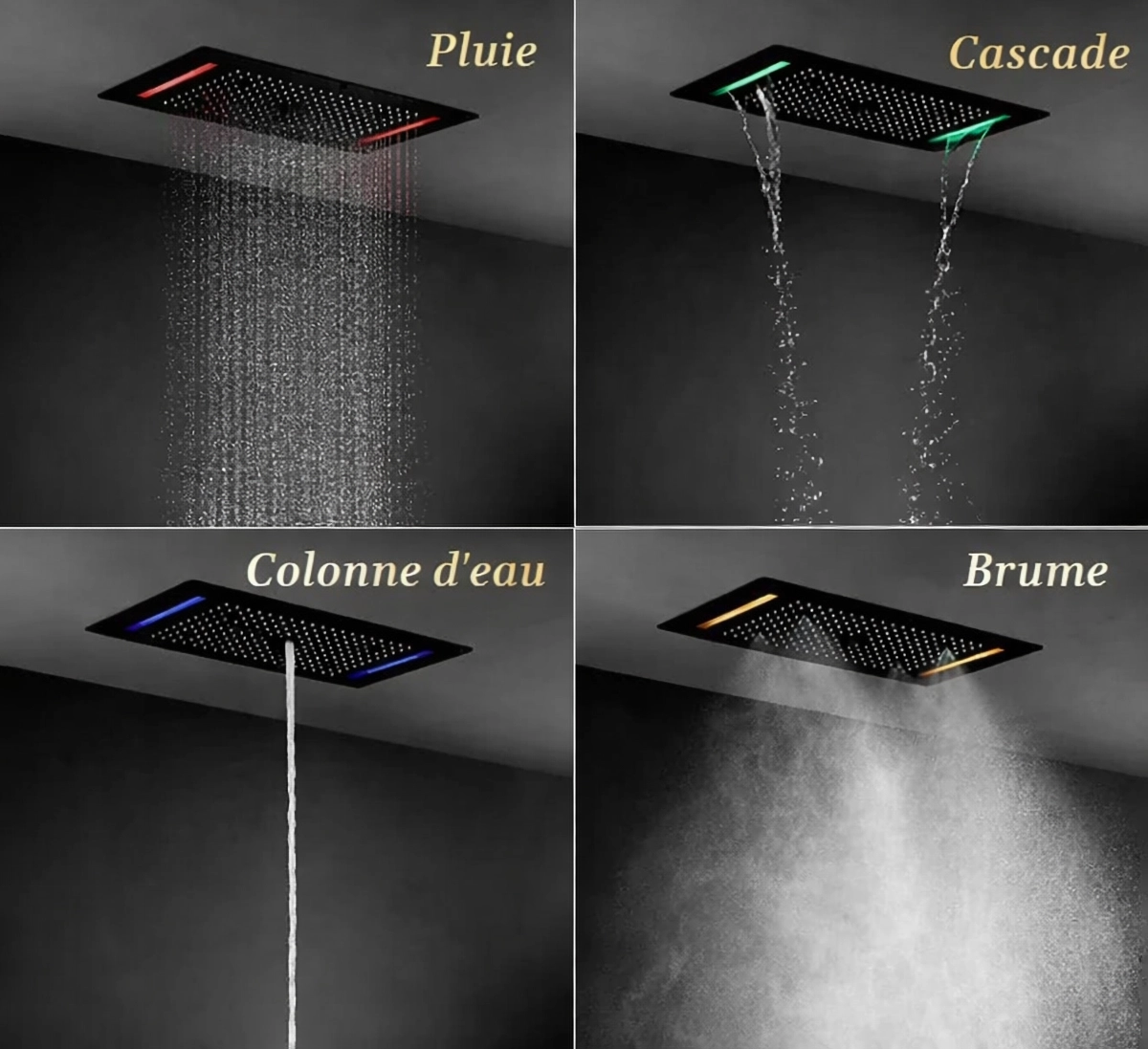 Détail ciel de pluie Lisbonne noir : LED RGB et jets hydromassants